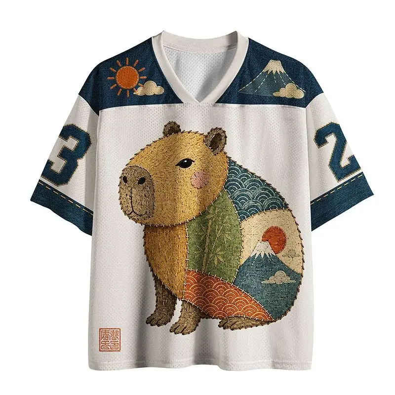 2026 Popular V-neck Mesh T-shirt with Fun Printed Short Sleeved T-shirt, Retro Streetwear, Loose Oversized Sports Mesh T-shirt