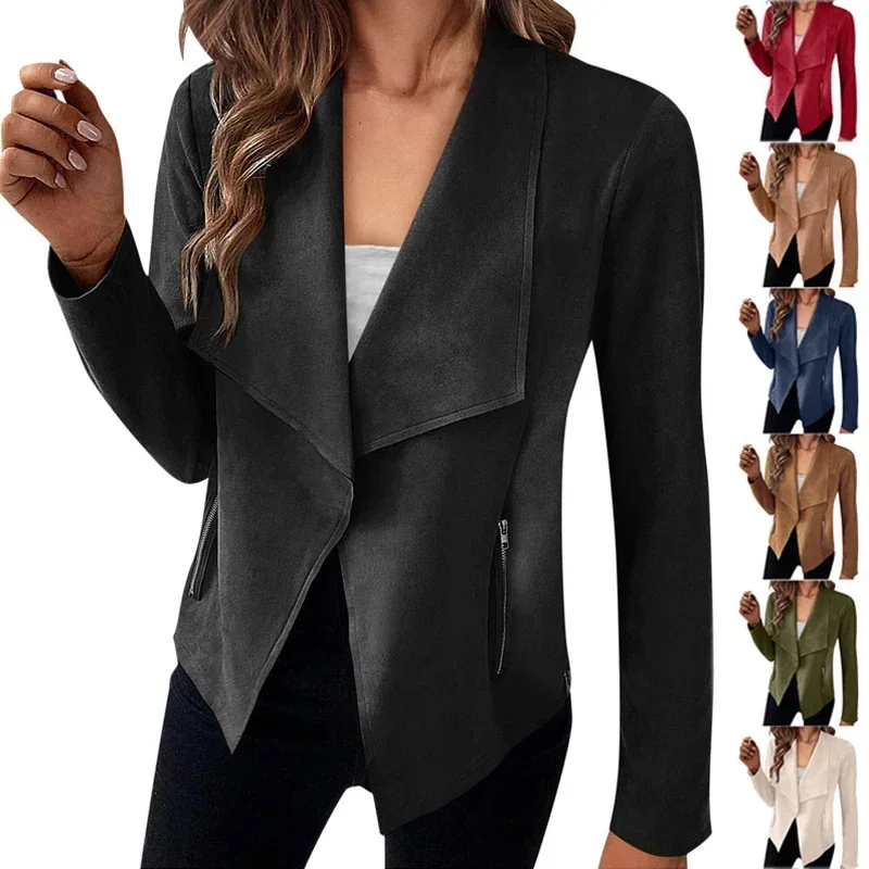 Women's Suit Jacket Solid Suede Lapel Zipper Pocket Office Commuting Formal Slim Cardigan Top Fashion Street Wear S-XL