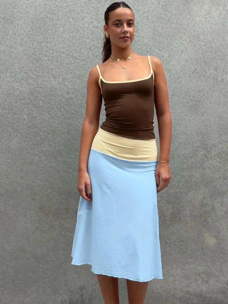 Nibber Elegant Trend Dress Women Color Blocking Fashion Sexy Line Patchwork Low-Neck Sleeveless Vacation Prom Party Club Bodycon