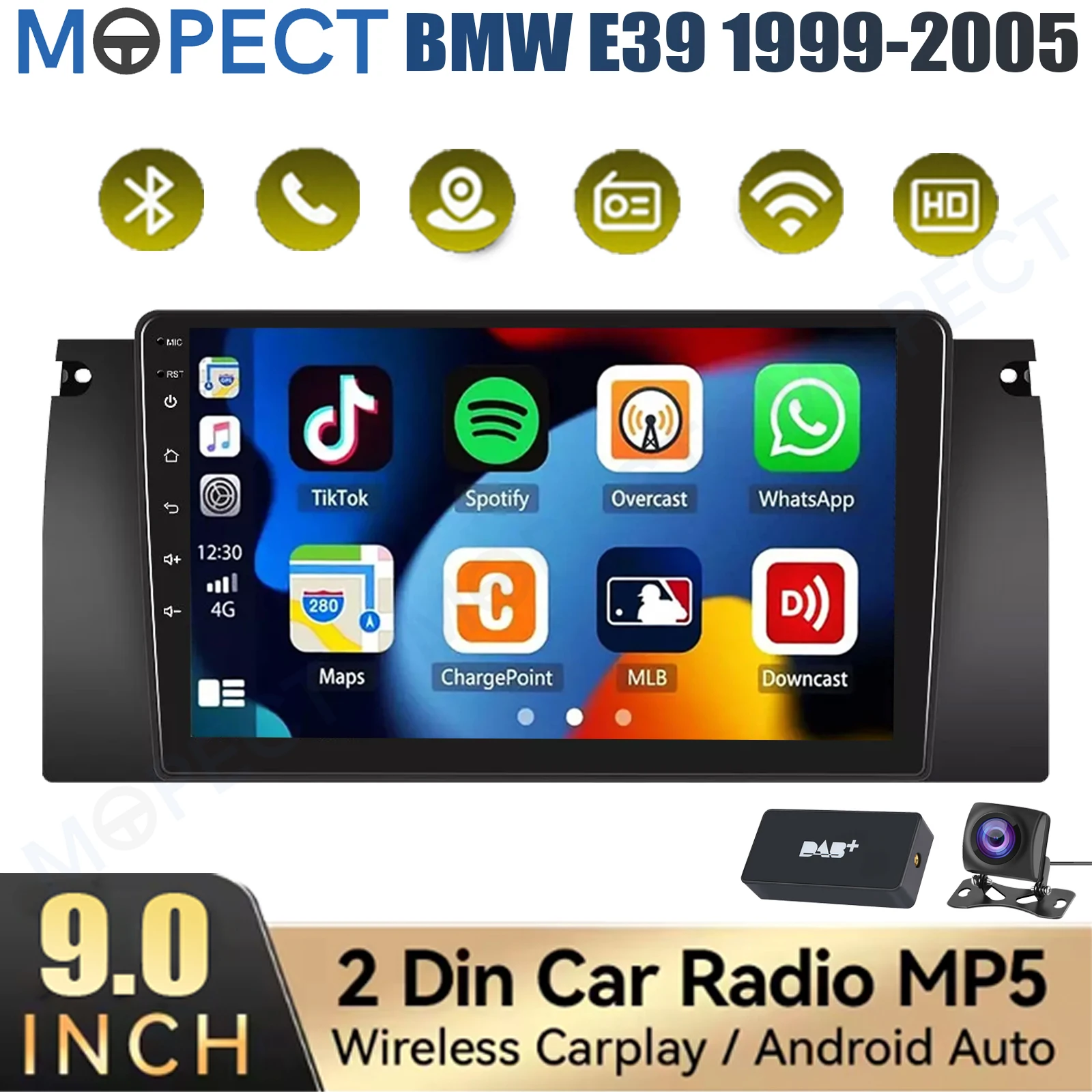 MOPECT 9" autoradio Android 15 4+64GB voor BMW 5-serie E39 7-serie E38 X5 E53 WiFi CarPlay GPS navigatie head unit AM/FM/BT+DAB&camera
