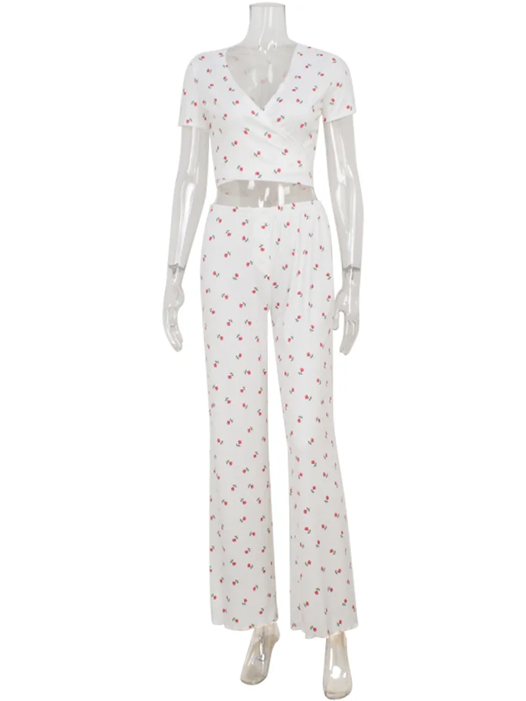 CNYISHE Printed Home Short Sleeve Casual Sheath Suits Sexy Club Women Sets V Neck Pullover Pajams Female 2-Pieces(Tops+Pants)