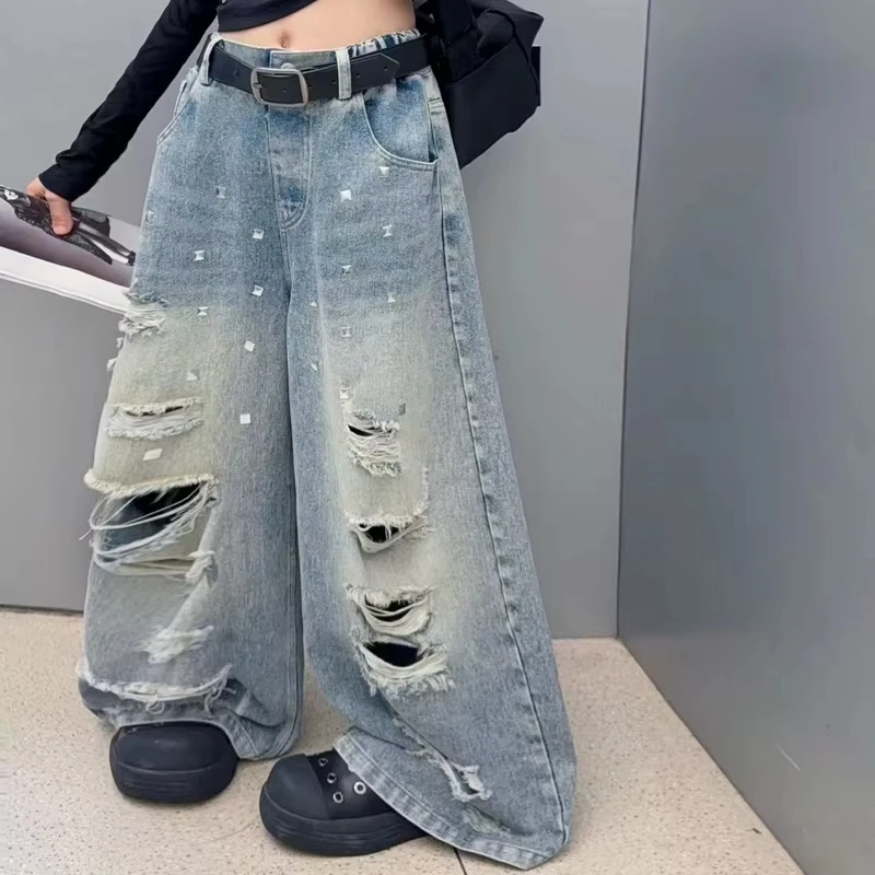 Girl High Fashion Street Jeans with Holes for Kids Hip Hop Trousers Teens Children Trendy Streetwear Destroyed Denim Pants