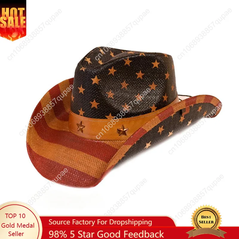 

USA Vintage American Flag Western Cowboy Hat Beach New Summer Cap Men Women Panama Hat
