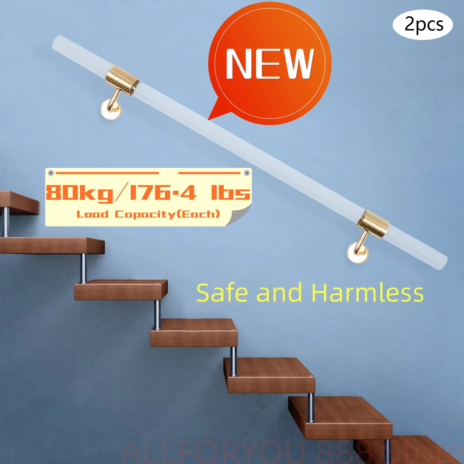 2 Pack Acrylic Handrails Stepladder Stairs Railings Indoor Wall Mount With 4xMounting Brackets