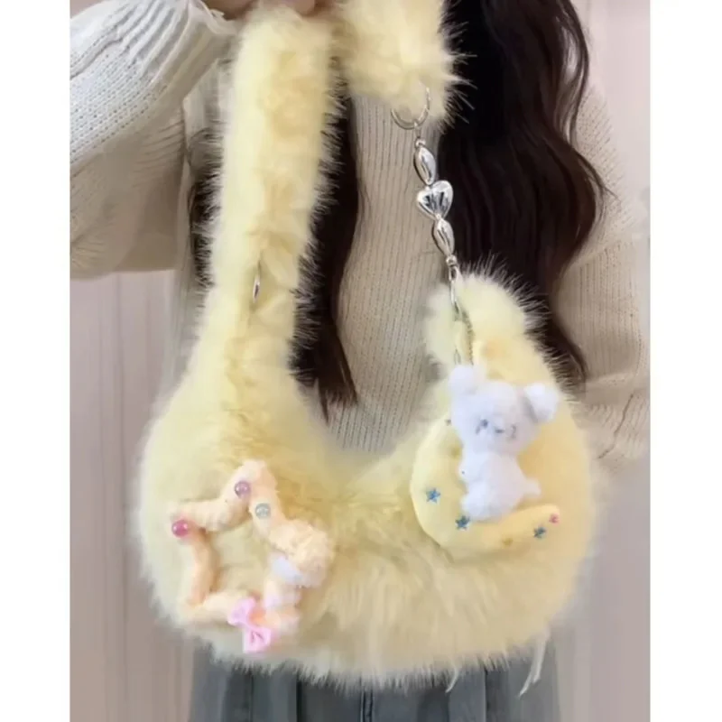 2024 New Korean Plush Shoulder Bag Women's Zipper Large Capacity Crossbody Bag Cute Japanese Splicing Girl's Bag