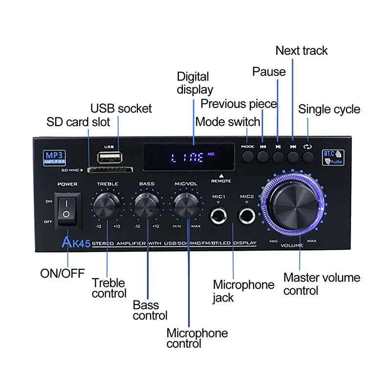 Ak45 800W Thuis Digitale Versterkers Audio Bas Audio Power Bluetooth Versterker Hifi Fm Muziek Subwoofer Luidsprekers Usb Sd Mic Ingang