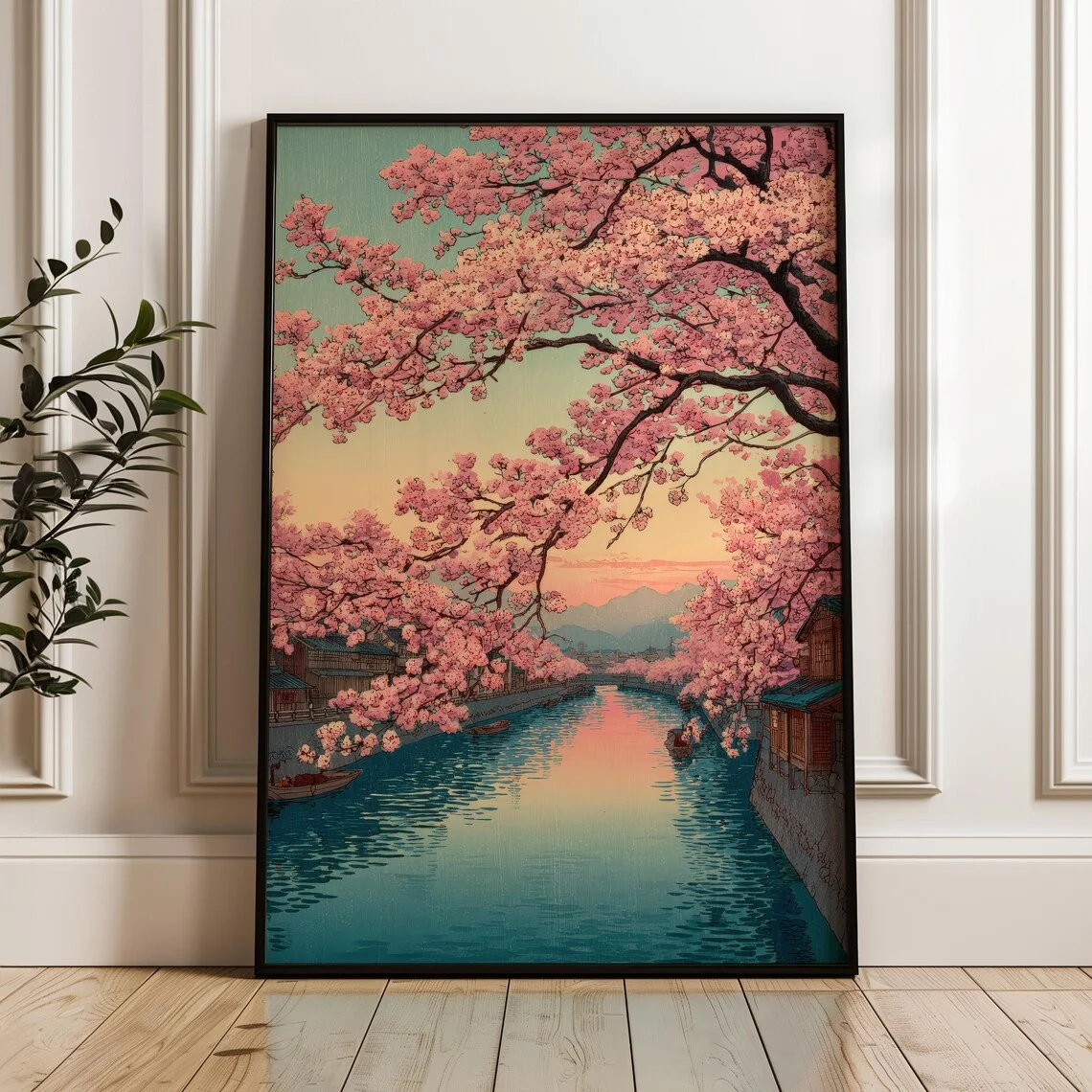 Vintage Japanese Cherry Blossom Wall Print Decor - Ukiyo-e Style Woodblock Print of a Kyoto River at Sunset, Framed by Lush P