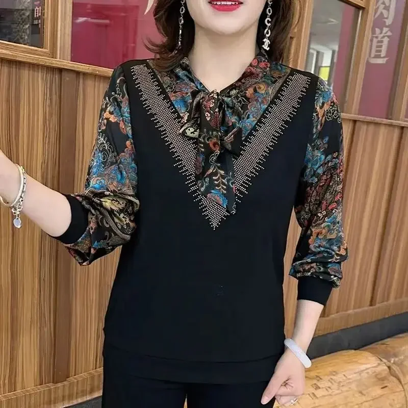 

2024 Summer Oversized Retro Loose Office Lady Women's Shirt Decorations Chiffon Splicing V Neck Long Sleeve Chic Tops B577