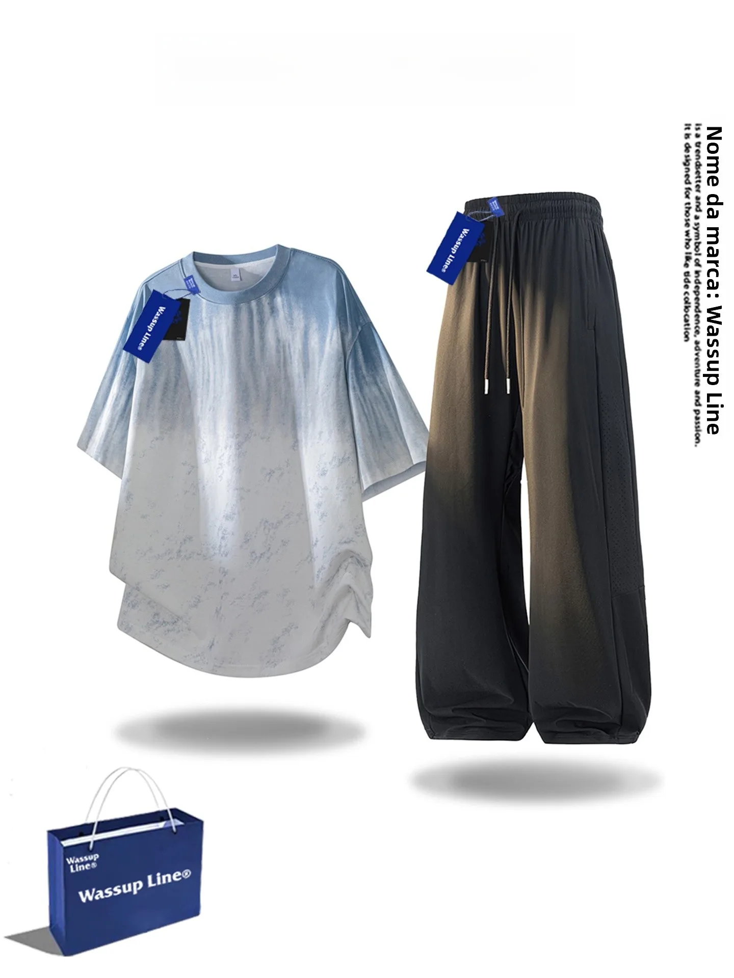 wassup-line-casual-sportswear-set-men's-summer-gradient-short-sleeve-t-shirt-straight-leg-long-pants-two-piece-suit