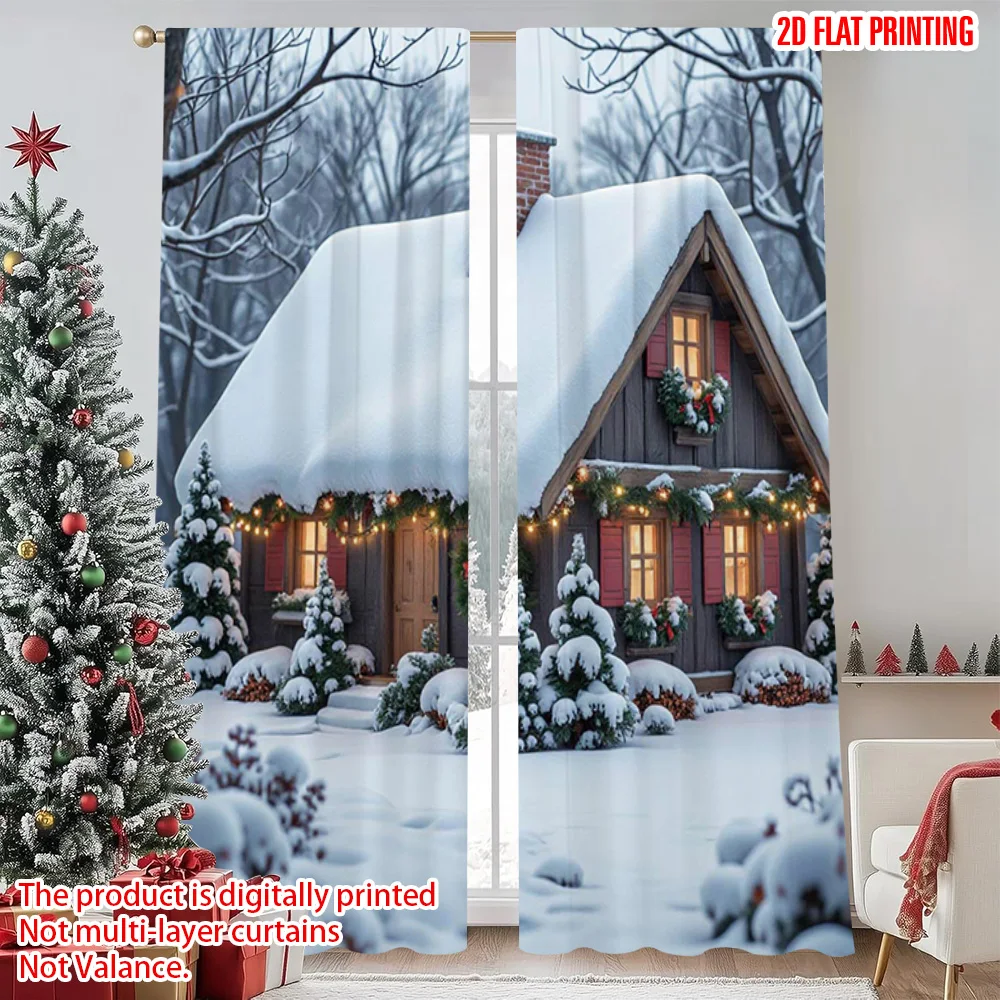 

2pcs 2D flat printing Merry Christmas Popular Curtain Fantasy winter view snow covered cabin Durable 100% Polyester Fabric