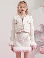 Women's Luxury Beaded Short Coat and High Waist Woolen A-Line Mini Skirt Set Feathers Jacket High-Grade Skirt Suit 3-Piece Set