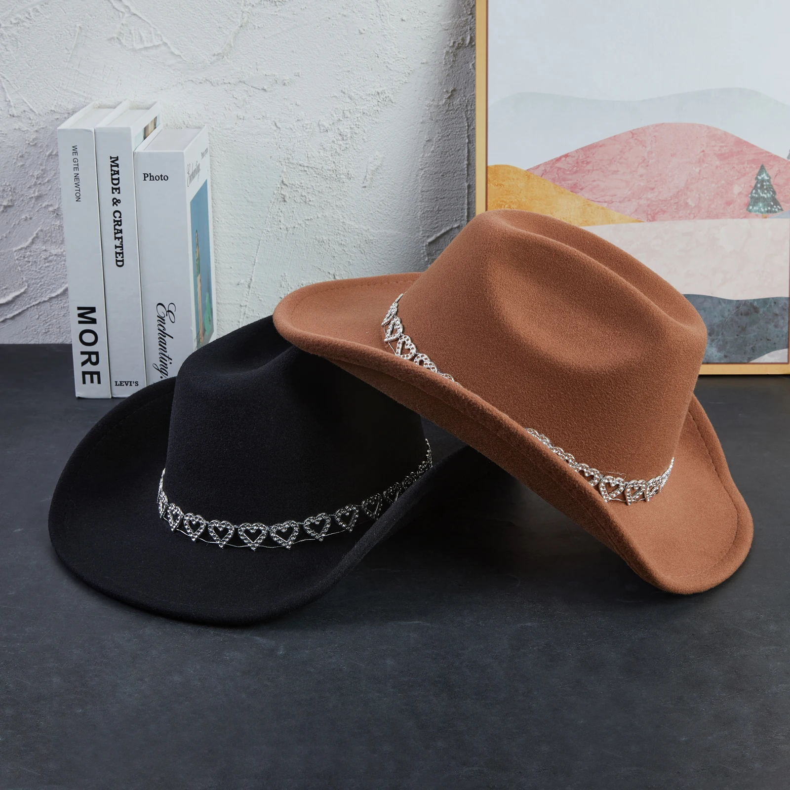 Hart Strass Cowgirl Hoed Dames Westerse Stijl Retro Brede Rand Zonnehoed Thema Feestpetten