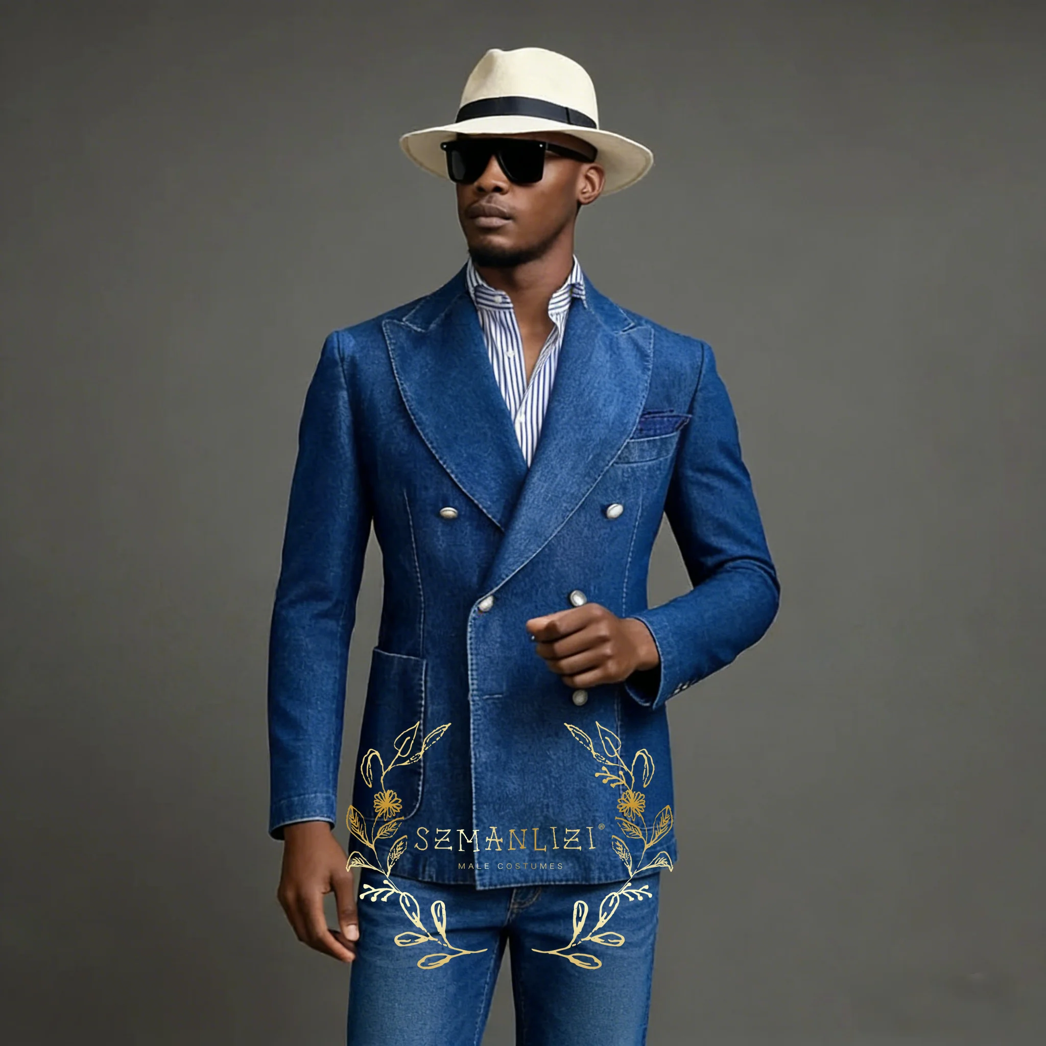 

Роскошный джинсовый мужской костюм-двойка: пиджак с острыми лацканами и брюки, приталенный крой, для свадьбы, выпускного или вечеринки