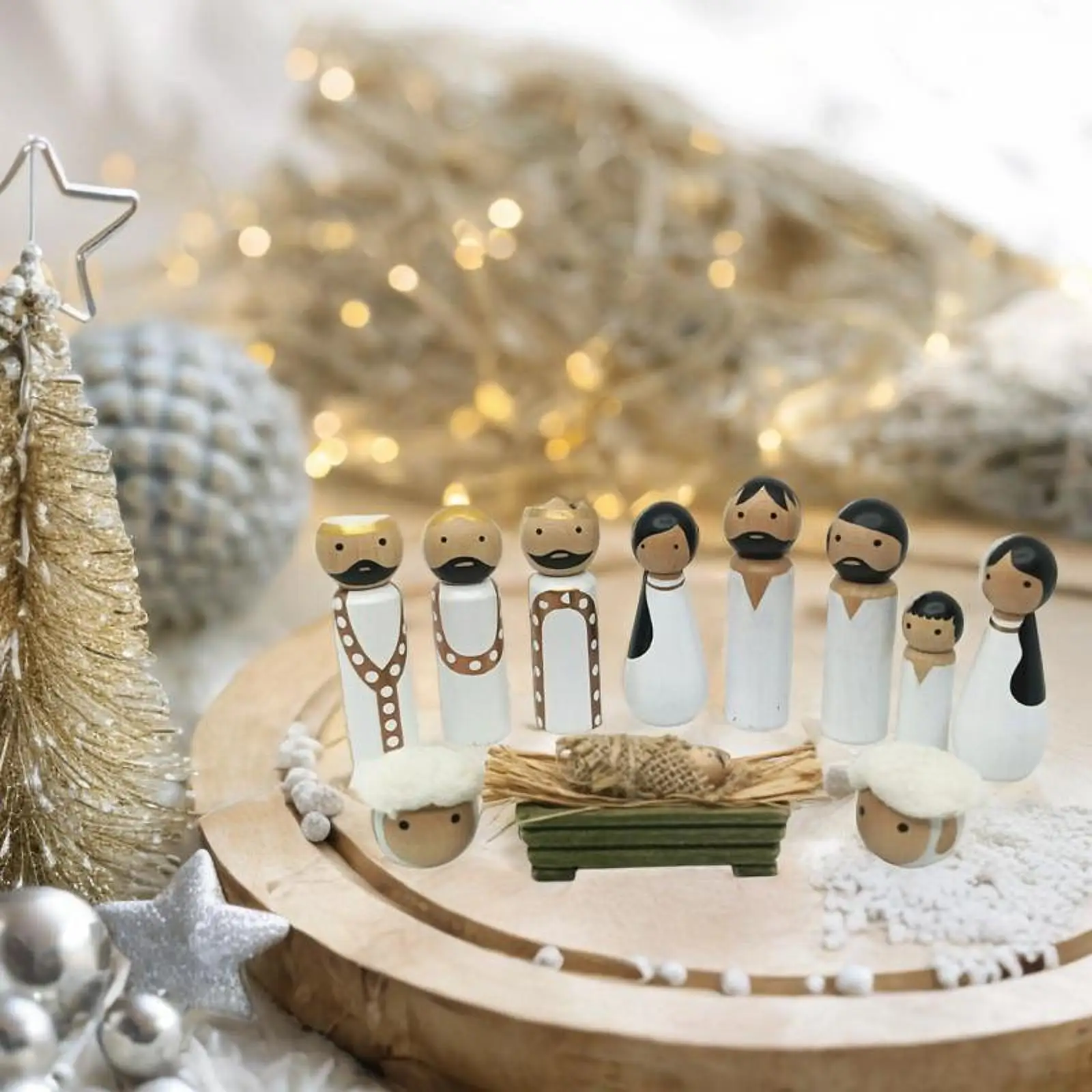 Wood Nativity Scene Figurine Set Compact Desktop Ornament Gift Jesus Birth Christmas Decoration Crafts for Desk Office Xmas