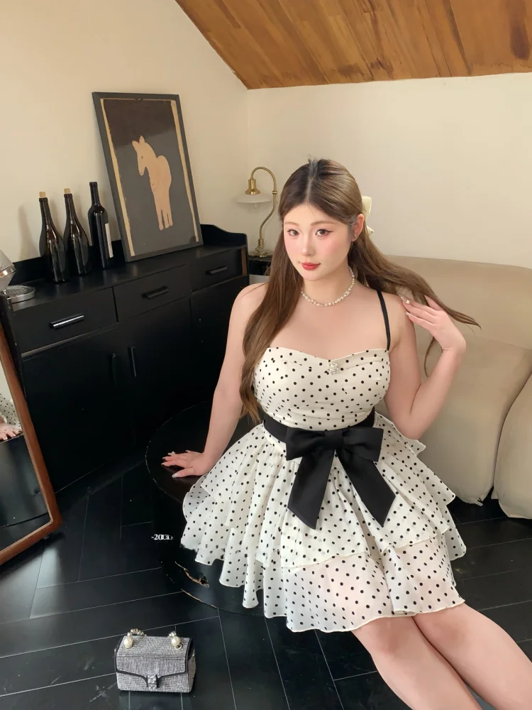 

·SOUL Polka Dot Halter Dress with Bow Knot for Plump Women Summer Sweet Style Short Sleeveless Gown Female Fashion