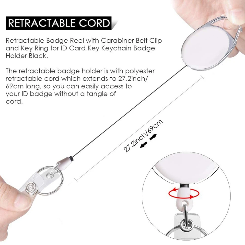 حامل شارة قابل للسحب مع مشبك بكرة حلقة تسلق وحلقة مفاتيح لحامل سلسلة مفاتيح بطاقة الهوية باللون الأسود 10 قطع، أبيض