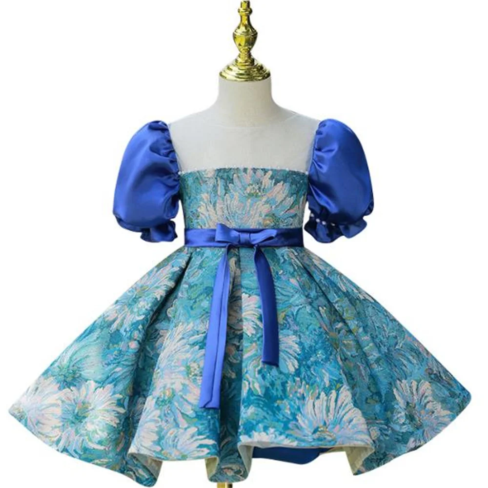 

Oil painting children's dress jacquard puff sleeve aline casual fashion girl princess dress flower cute dress