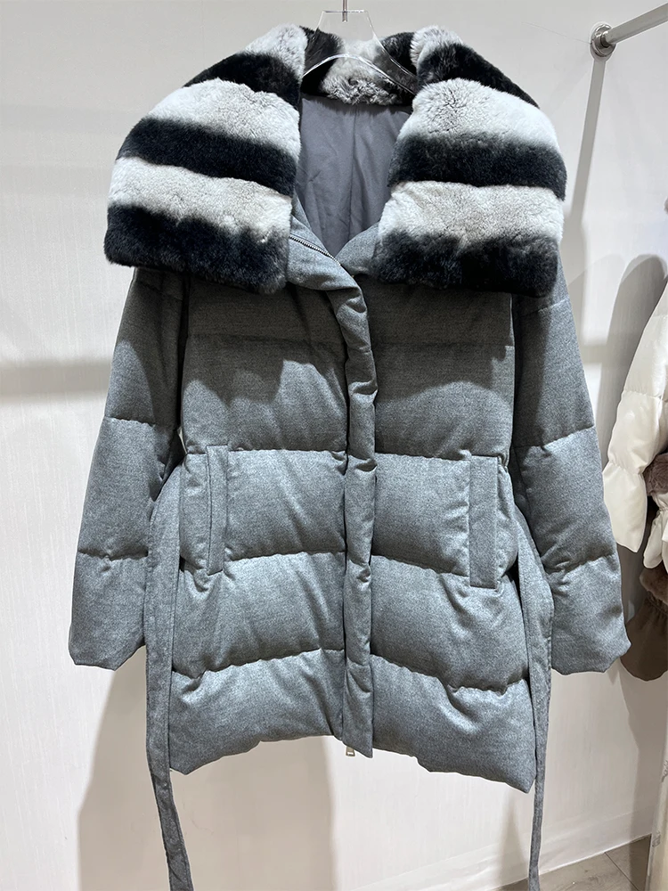 

Fashion Winter Women White Goose Down With Natural Real Rex Rabbit Fur Collar Luxury Thick Warm Woolen Jacket
