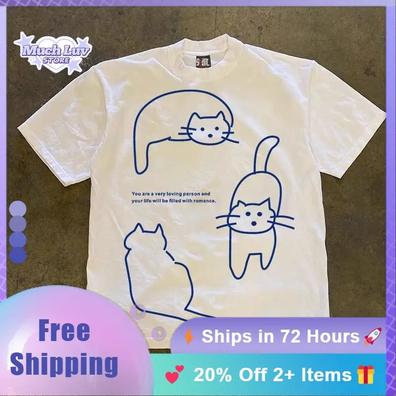 

Line Cat Printed T-shirt for Men and Women Kawaii Kitten Pure Cotton T-shirt Summer Fashion Casual Comfy Tops Graphic T Shirts