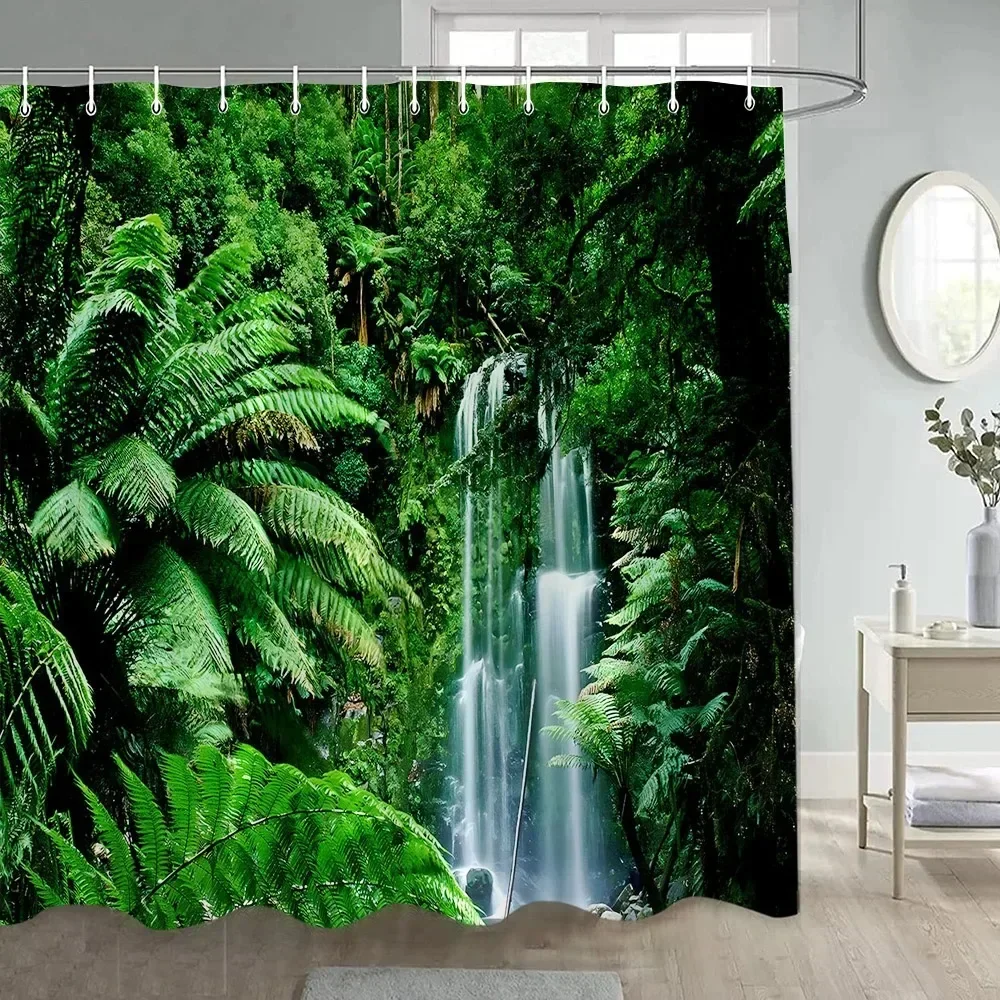 Forest Shower Curtains Sunshine Green Trees Plants Brown Window Nature Landscape Polyester Bathroom Curtain Set Decor with Hooks