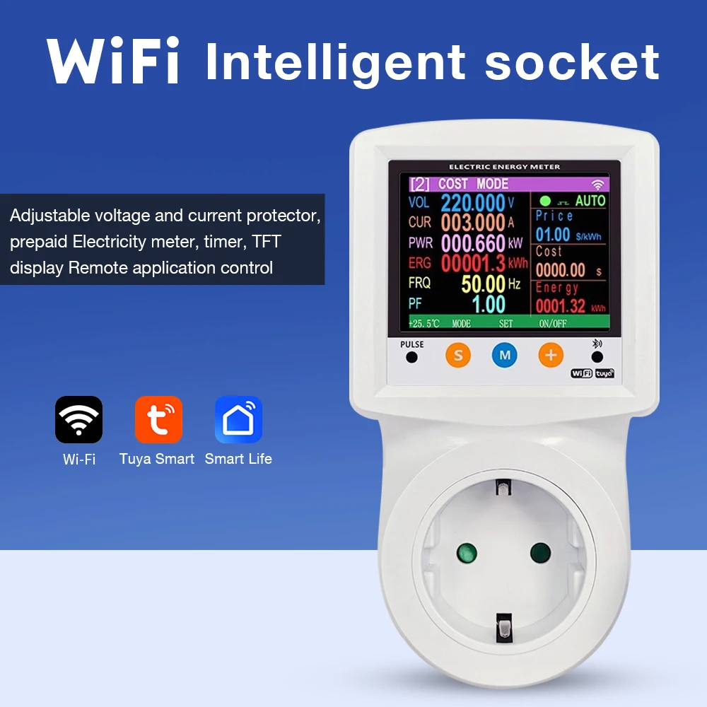 AC 220V 디지털 전력계 소켓 Tuya WiFi 타이머 스위치 전기 에너지 미터 저전압 과전류 보호기 EU 플러그