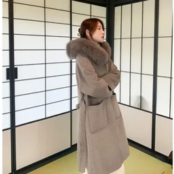 Real Fur Wool Outerwear Wool Blends Coat Natural Fox Fur Collar Hooded Cashmere Winter Jacket for Women Streetwear High Street