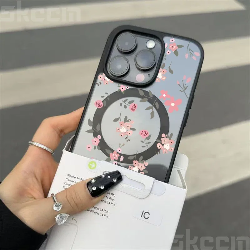 Flor transparente caso para iphone 16e 16 15 14 13 11 12 pro max plus x xs max xr magsafe magnético carga sem fio capa do telefone