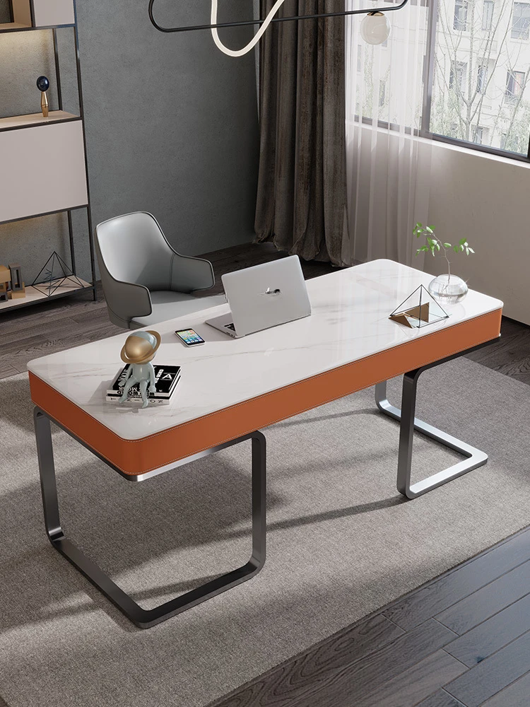 Saddle Leather Study Desk Modern Home Writing Desk Light Luxury Minimalist Stone Plate Office Computer Desk