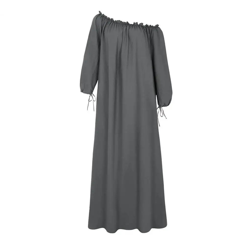 

Women Dress Elegant Slant Neck Maxi Dress with Lantern Sleeves Pleated Details for Women Vacation Beach Robe Long Dress