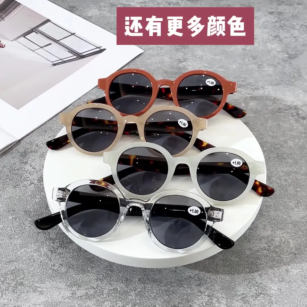 Nuovi occhiali da sole con montatura rotonda da lettura full-frame alla moda vintage, occhiali da lettura per la casa con lenti grigie