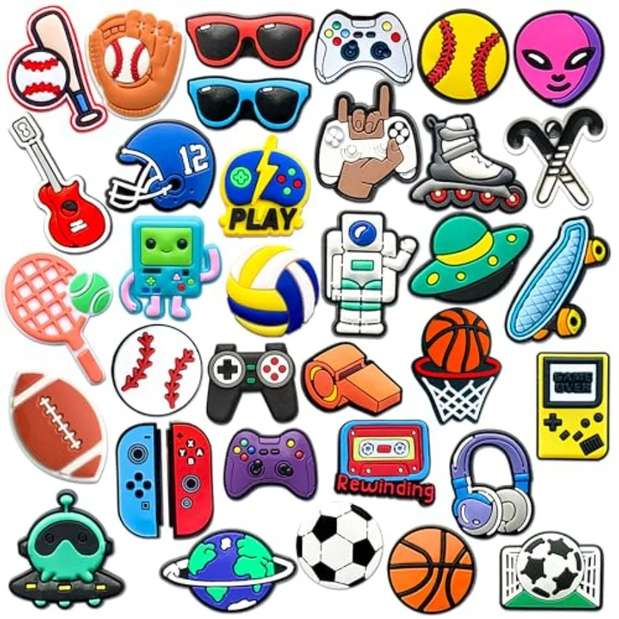 

35-Piece Sports and Gaming Shoe Charms for Boys Men Teens and Adults Basketball Football Soccer Baseball Softball, Video Game,