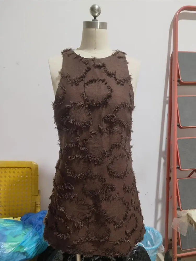 HH Summer Female Textured Fabric Elegant Straight Mini Dress Sleeveless Solid O Collar Side Zipper Hallow Fashion Slim Dress