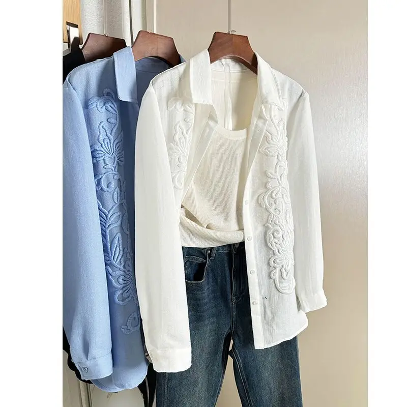 قميص نسائي مطرز عالي التحمل، قميص طويل فضفاض، قميص أبيض كاجوال، نمط كسول #5