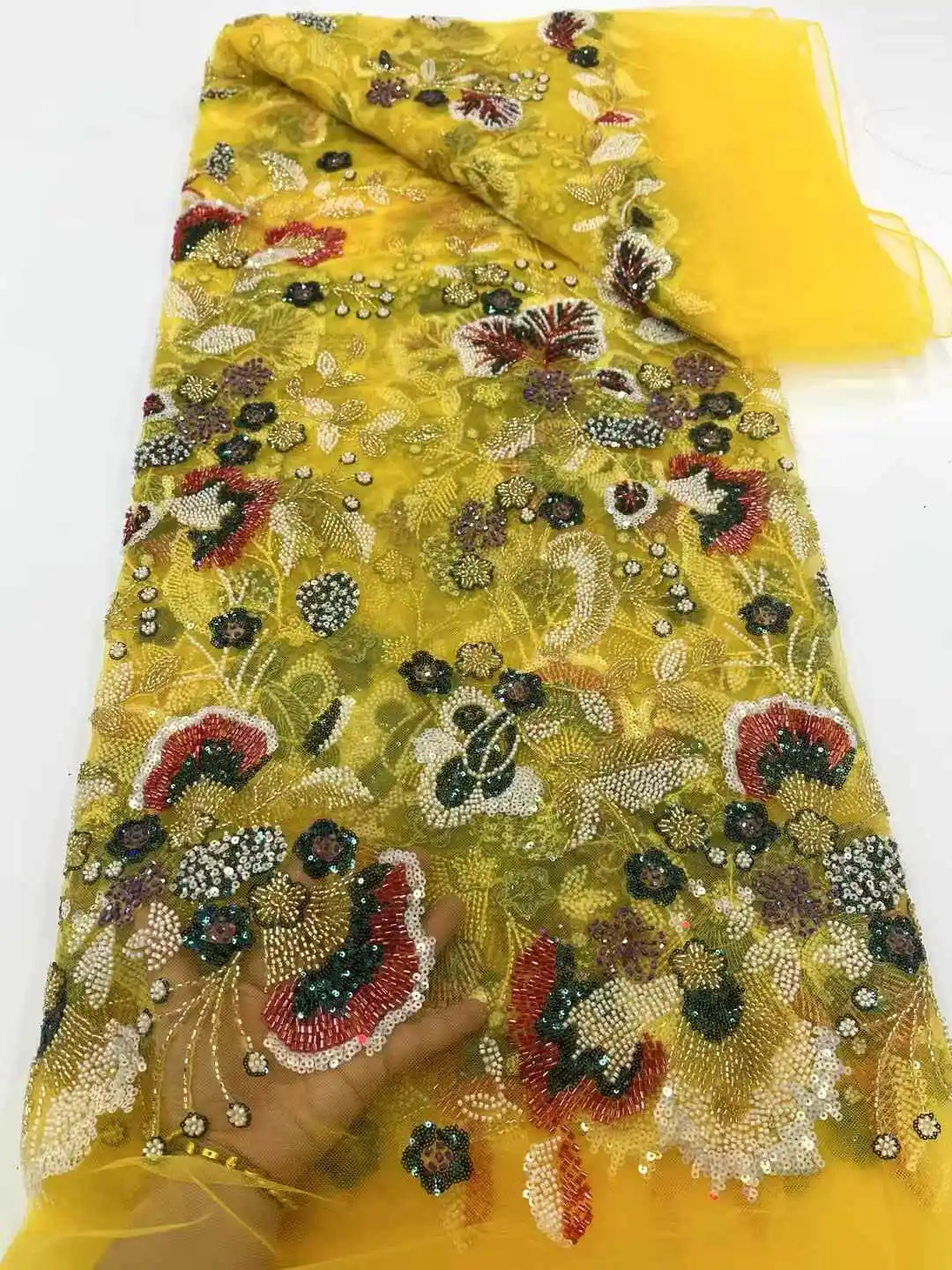 Afrikanischer schwerer Perlen-Spitzenstoff, nigerianische Pailletten, Bräutigam-Spitzenstoff, Hochzeit, Party, Kleid, Nähen, hohe Qualität, 5 Yards XC