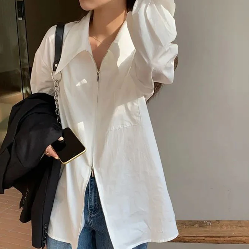 Rimocy Turn-Down Collar Women's White Shirt Korean Style Loose Long Sleeve Blouse Woman Single-Breasted Office Shirts Ladies