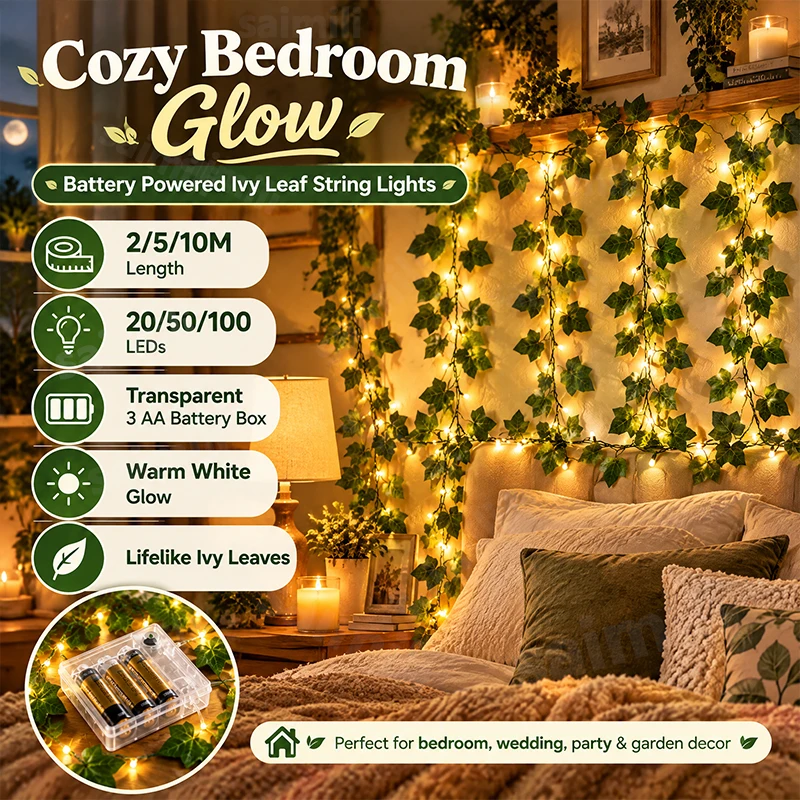 Battery Operated Ivy Vine Fairy Lights Warm White LED Leaf Garland Lights Boho Style for Bedroom Wall Hanging Home Cozy Decor