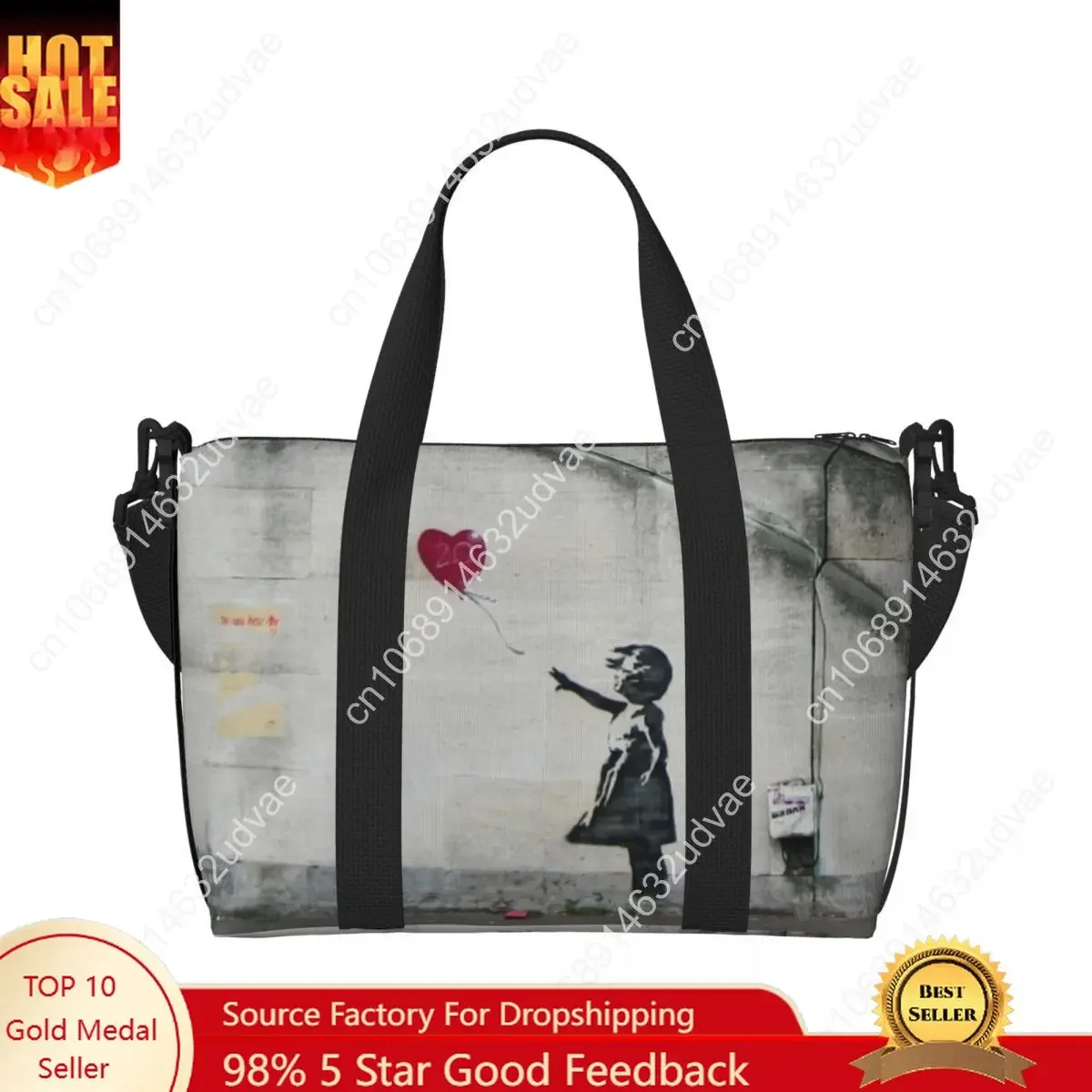 Custom Large Banksy Balloon Girl Tote Bag Women Street Graffiti Artist Shopper Shoulder Beach Gym Travel Bag