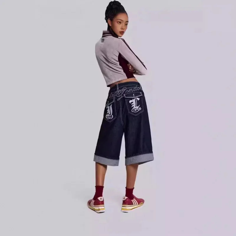Jaded London 25SS Short Pants Women's New Wide Leg Embroidered Jeans Hundred Printed Five Points Pants Denim