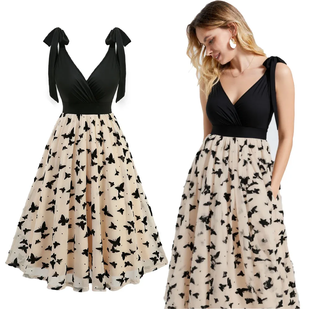 

2026 New Butterfly Printed Ruched Surplice Tank Dresses With Tie Shoulder Women's Summer Casual Knee-Length Dress