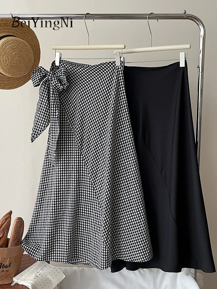 Beiyingni 2025 Summer Vintage Women's One-piece Midi Skirts Plaid Casual Lace-up Irregular Holiday Plaid Skirt Female Faldas