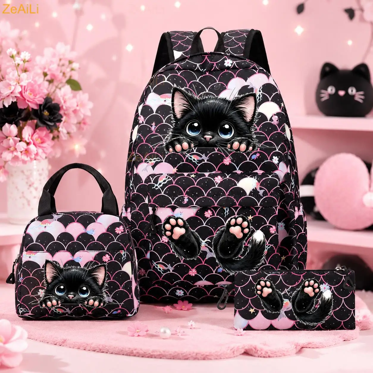 3Pcs/Set Cute Black Cat Paw Fish Scale Backpack for Women Casual School Bags with Lunch Bag Girls Student Teenager Rucksack