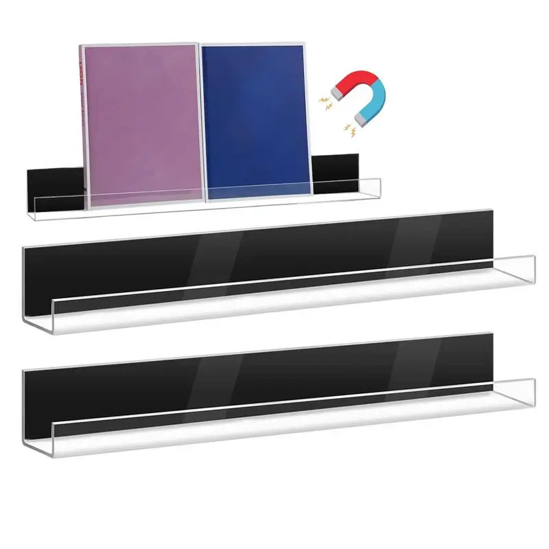 2pcs Magnetic Bookshelf Clear Acrylic Reusable Storage Organizer Shelves Punch Free Floating Fridge Rack Magnetic Books Holder