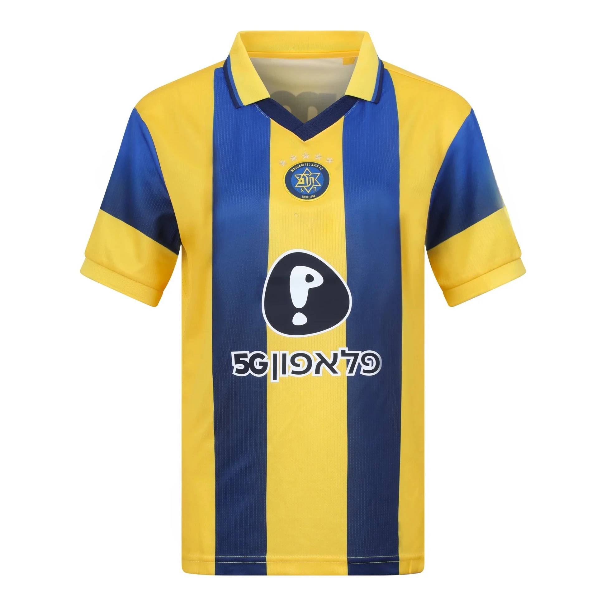 

Maccabi Tel Aviv Soccer Jersey Team Shirt with Yellow & Blue Stripes Club Badge & Sponsor Logos for Fans Product