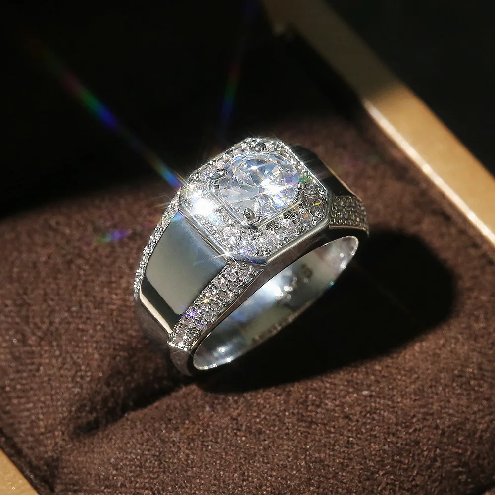 BKBK Silver Square Cushion, Halo, Round Stone, Generous Statement, Men's Ring, Engagement and Wedding Ring, Antioxidant Fashion Jewelry, Suitable for Men's Valentine's Day, Christmas Anniversary, Business Formal Party Occasions As A Gift
