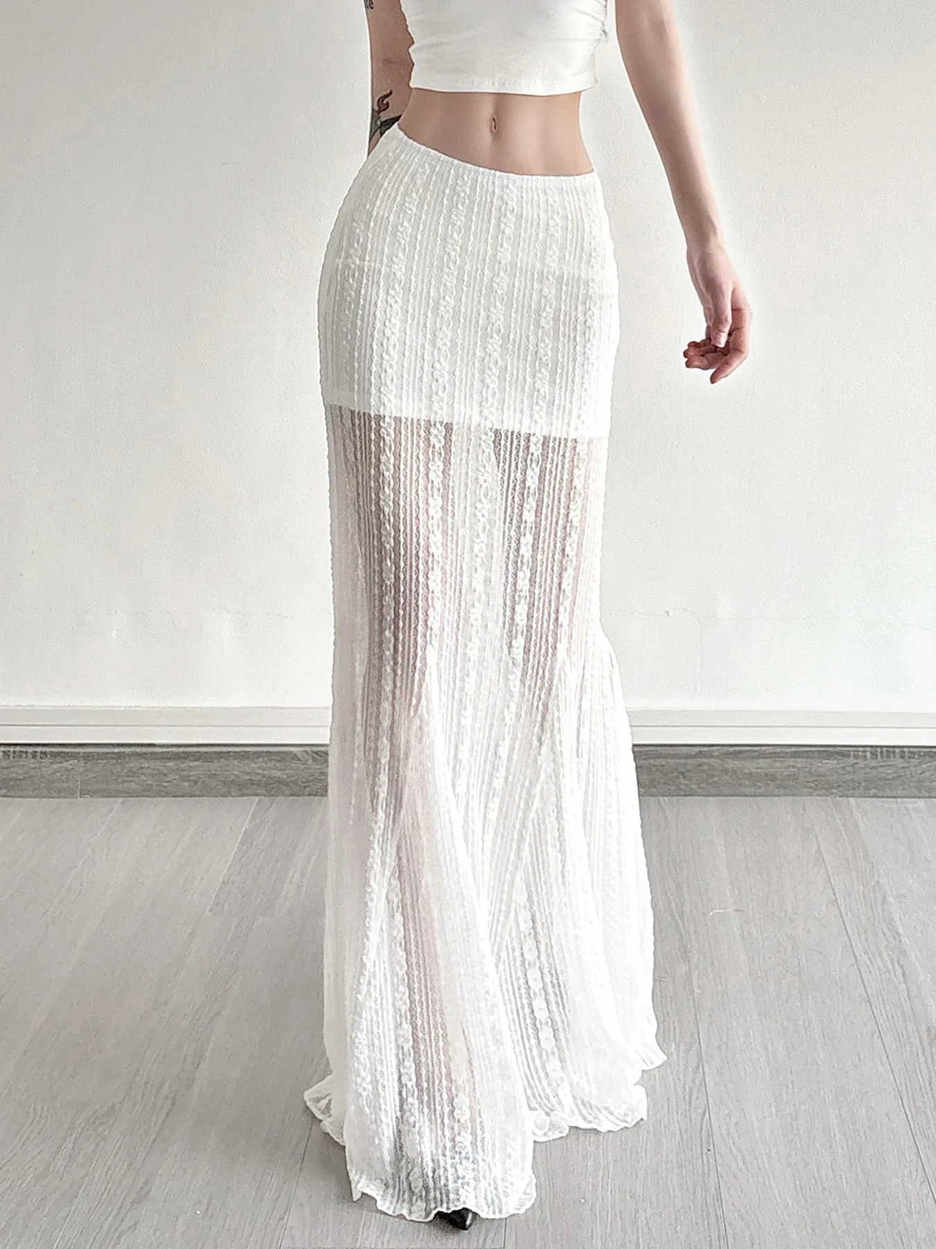 Summer Long Mesh Lace Floor Skirt Style Pure Desire High Waist A-Line Half Skirt for Women Commute CityWalk Three-acetate Fiber