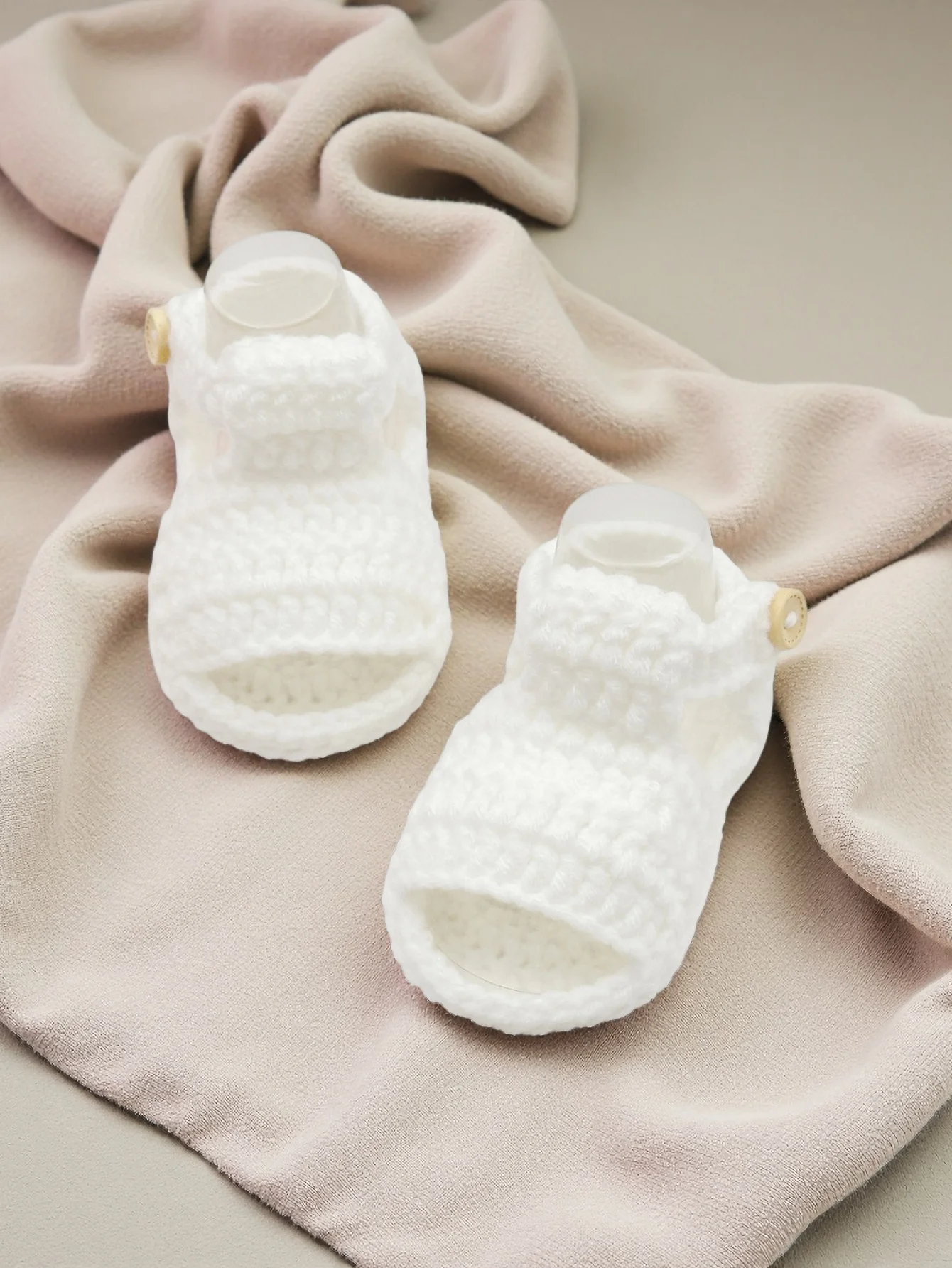 1 Pair Soft Crochet Baby Booties, White Mary Jane Style with Button Closure, Infant Size
