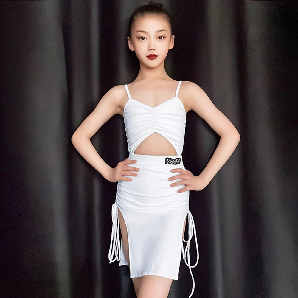 Summer Latin Dance Competition Costume Girls White Tops Skirt Split Suit Kids Chacha Samba Sumba Dancing Practice Wear New DL791