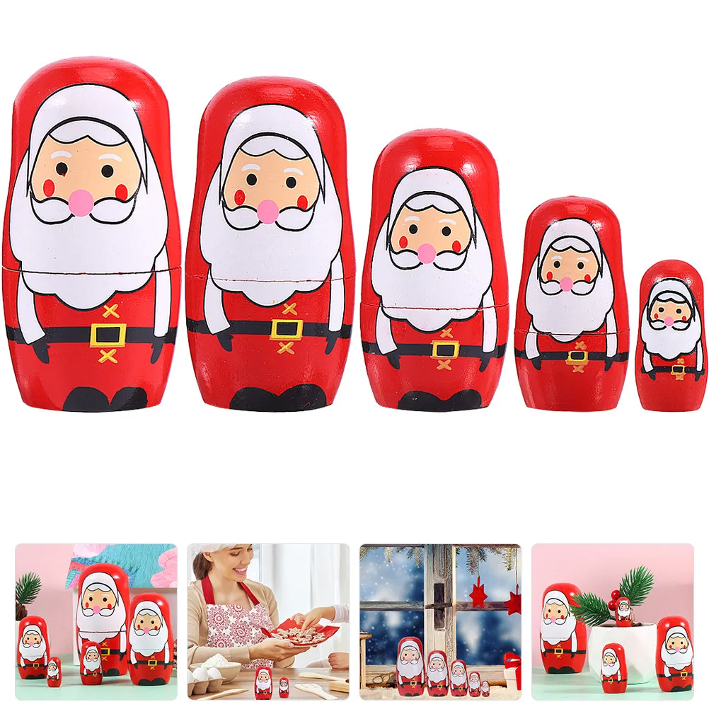 

1Set Wood Christmas Santa Clause Nesting 5-Layer Cartoon Xmas Home Decor Ornament Gift for Kids Family Festival