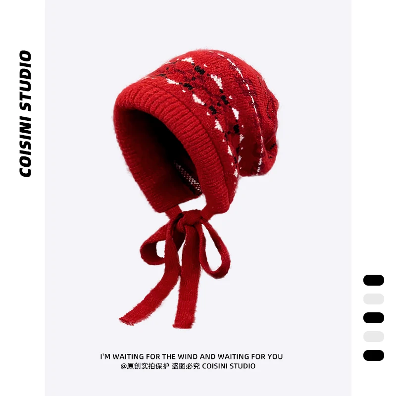 Retro Christmas Red Jacquard Beanies Cap for Women Autumn and Winter Outdoor Warm Fashion Versatile Sweet Strap Pullover Hat