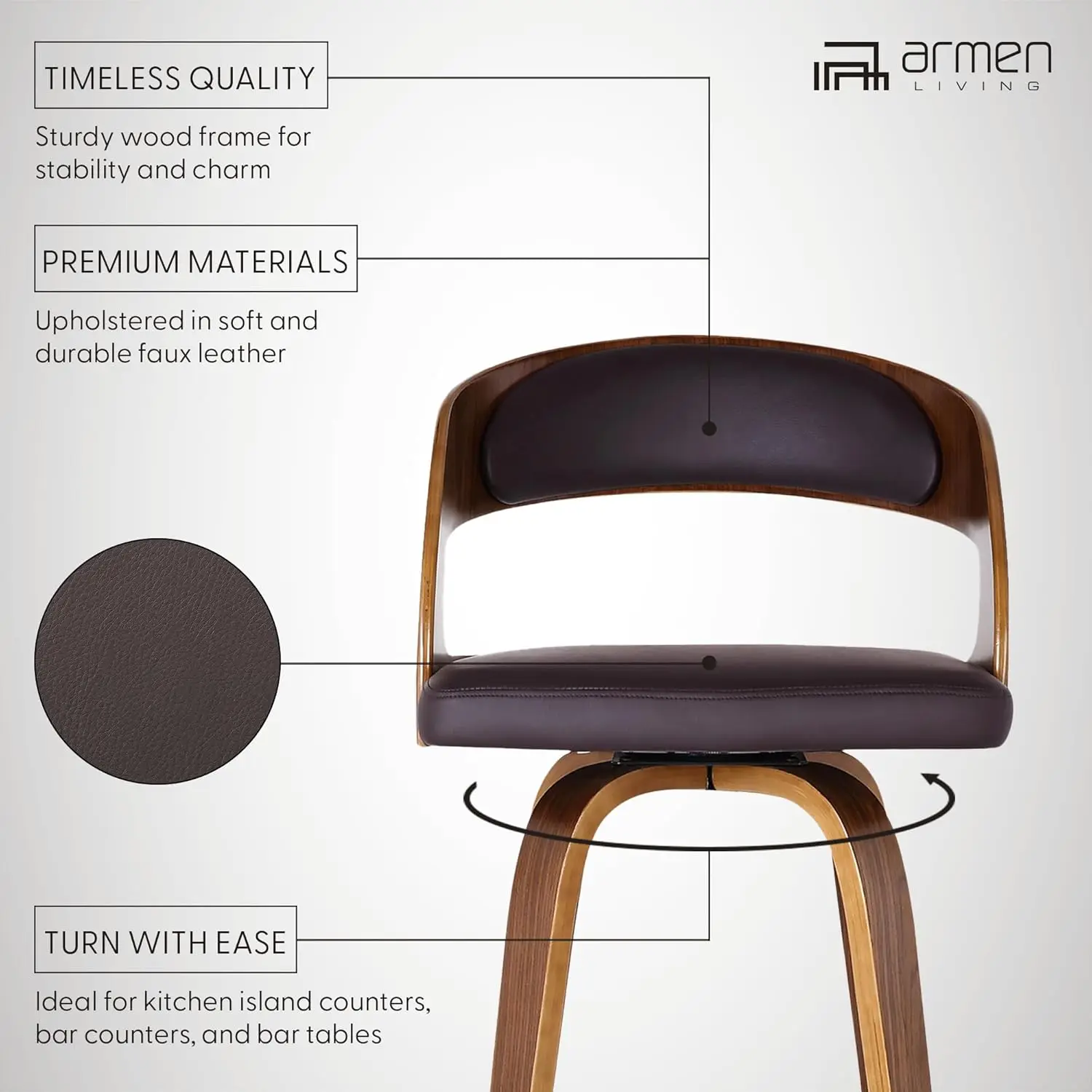 مقعد بار دوار حديث لمنتصف القرن مقاس 26 بوصة مصنوع من الجلد الصناعي البني وخشب الجوز لجزيرة المطبخ #4
